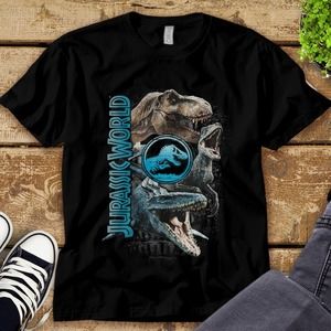 Jurassic World Two Dinosaurs Logo Stack Graphic Vintage Unisex Tee Adult T-shirt